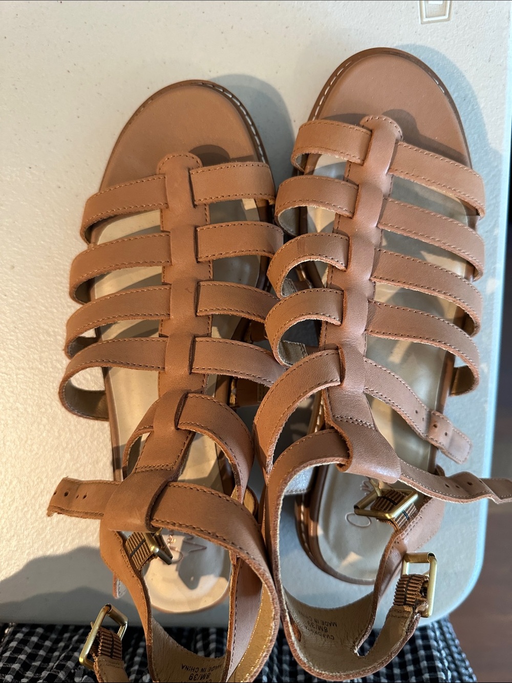 Crown Vintage Tan Strappy Gladiator Sandals with Gold Buckles